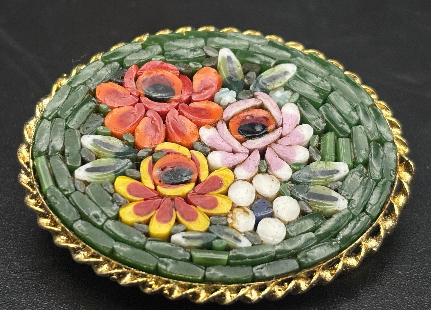 Vintage Italian Micro Mosaic Floral Brooch Oval Gold Tone