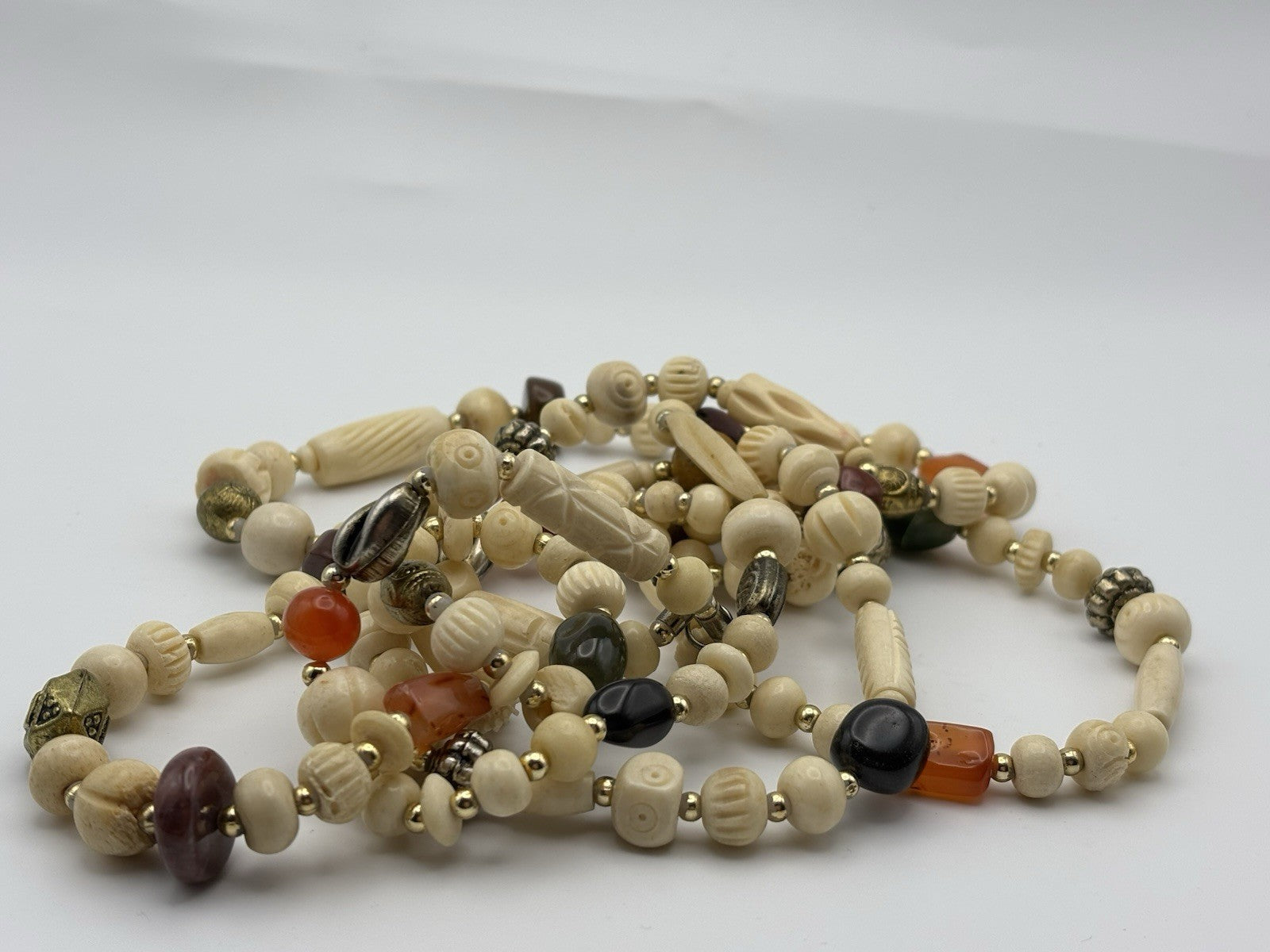 Vintage Boho Multi-Strand Necklace Faux Bone-Effect Beads Glass Carnelian Style