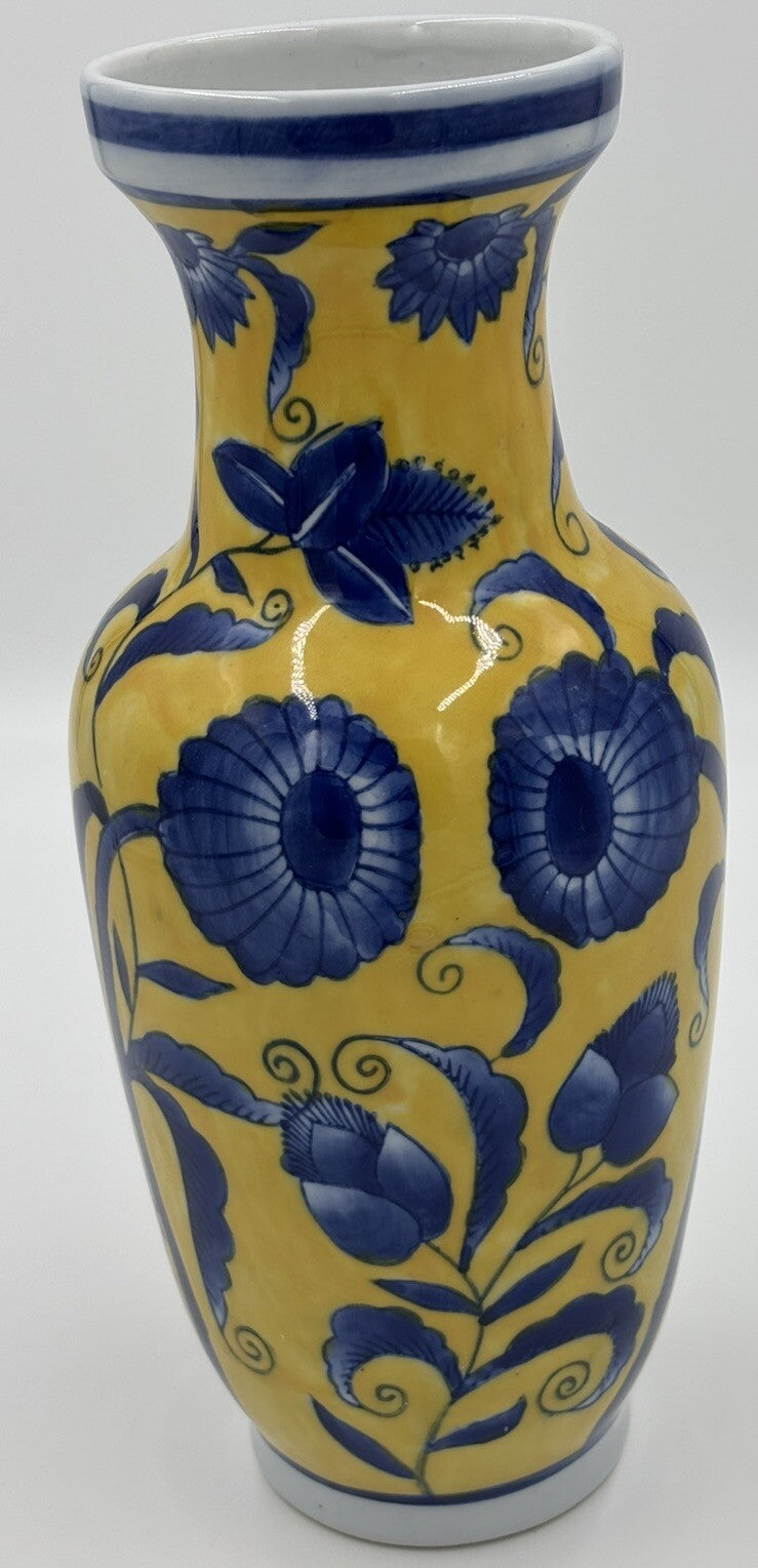 Vtg Chinese Porcelain Vase Yellow & Blue  Floral 20th Century Decorative Pottery