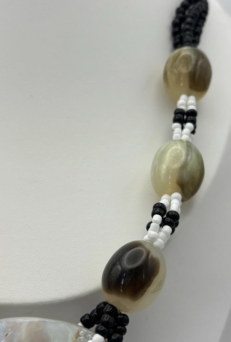 Vintage Shell Pendant Necklace Black White Beads Horn Style Tribal Jewelry