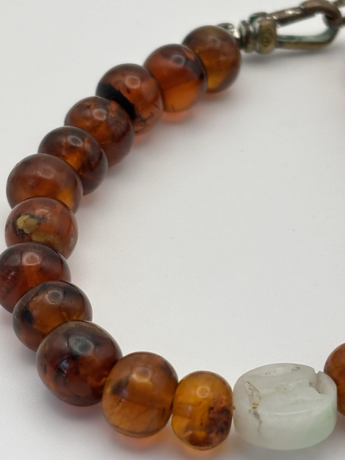 Vintage Amber Bead Bracelet Carved Jade Centerpiece Mid Century Retro
