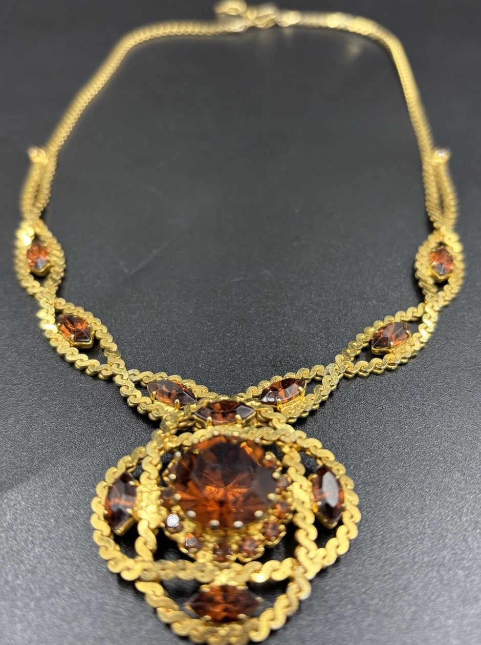 Vintage Cognac Amber Diamanté Statement Necklace Gold Tone.