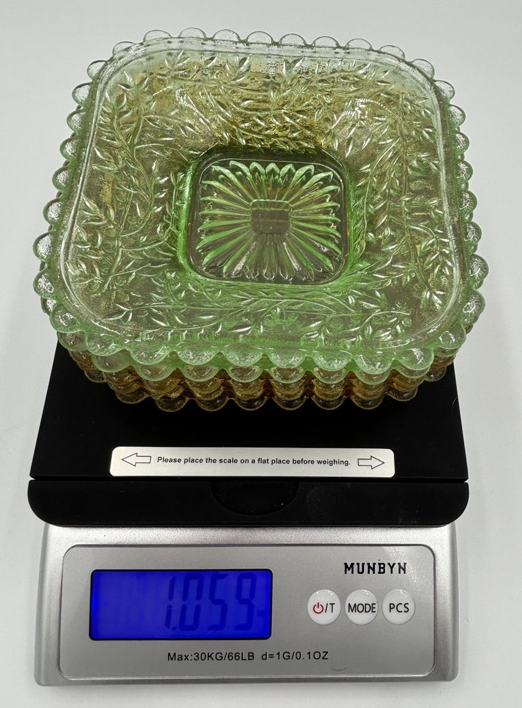 Vintage Uranium Glass Bowl UV Glow Dessert Plates Amber Depression Set