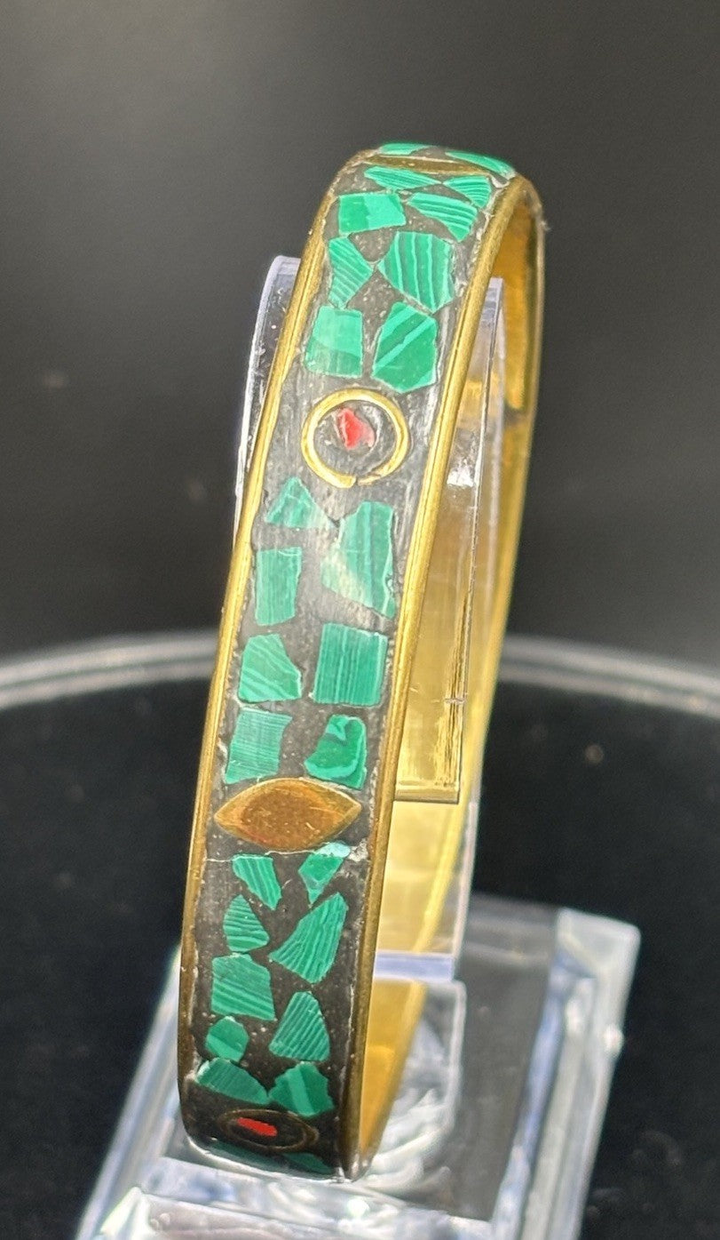 Vintage Green Mosaic Brass Bangle Boho Tribal Malachite Style Bracelet