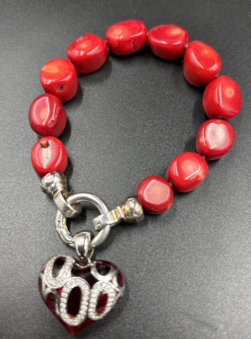 Kagi red bamboo coral silver bracelet with love heart charm