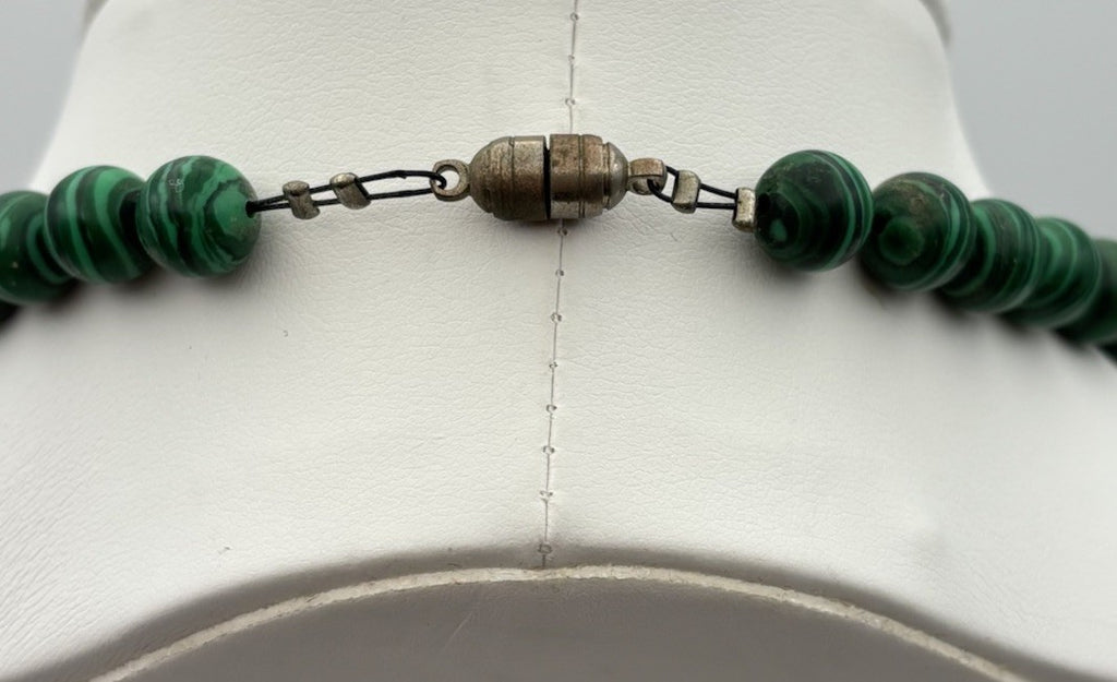 Vintage Malachite Bead Necklace with Carved Jade Dragon Pendant & Accents