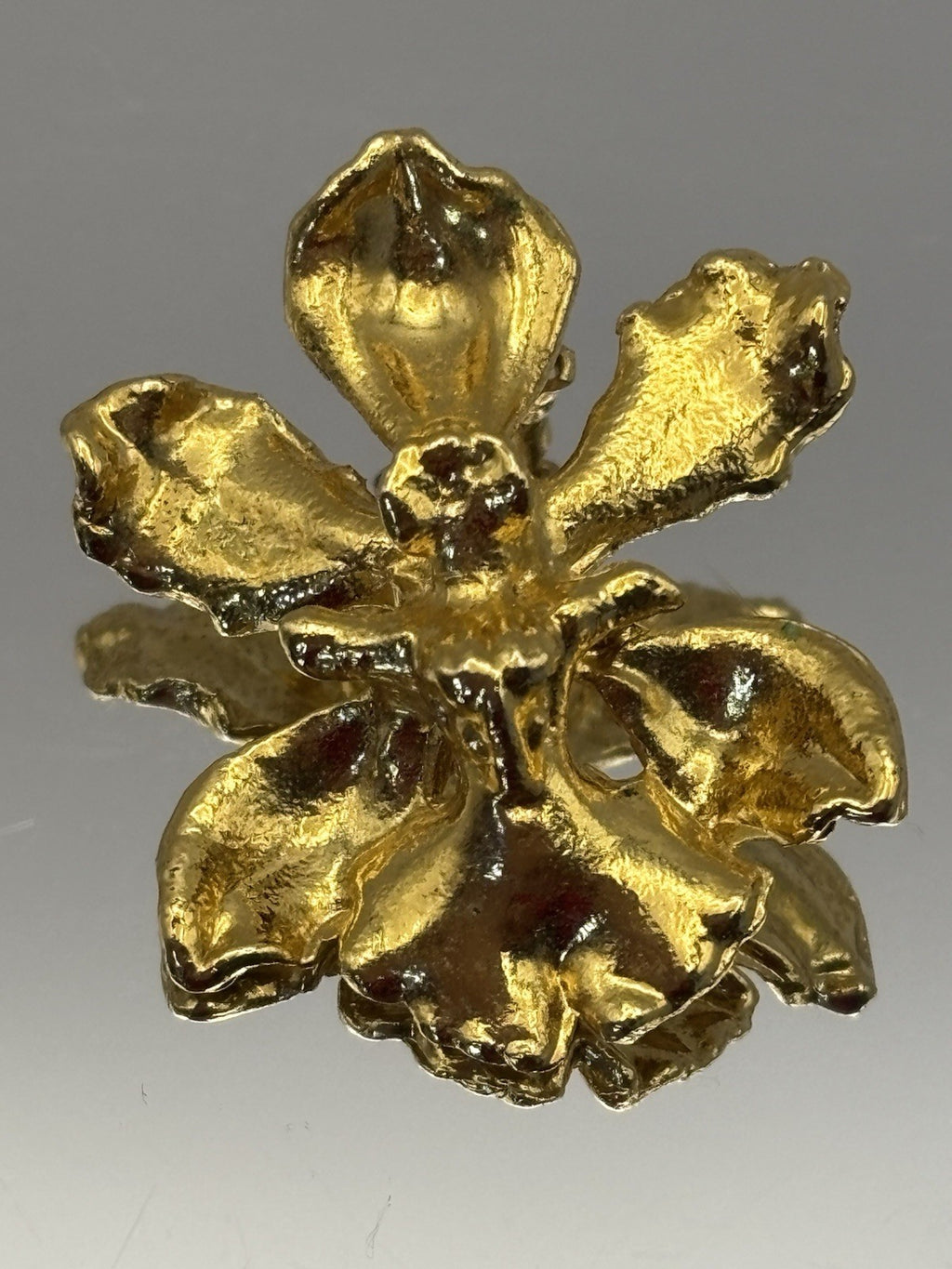 Vintage 1980s Gold Tone Orchid Flower Brooch Statement Floral Jewelry