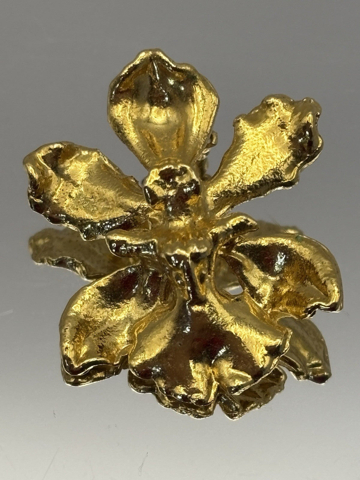 Vintage 1980s Gold Tone Orchid Flower Brooch Statement Floral Jewelry
