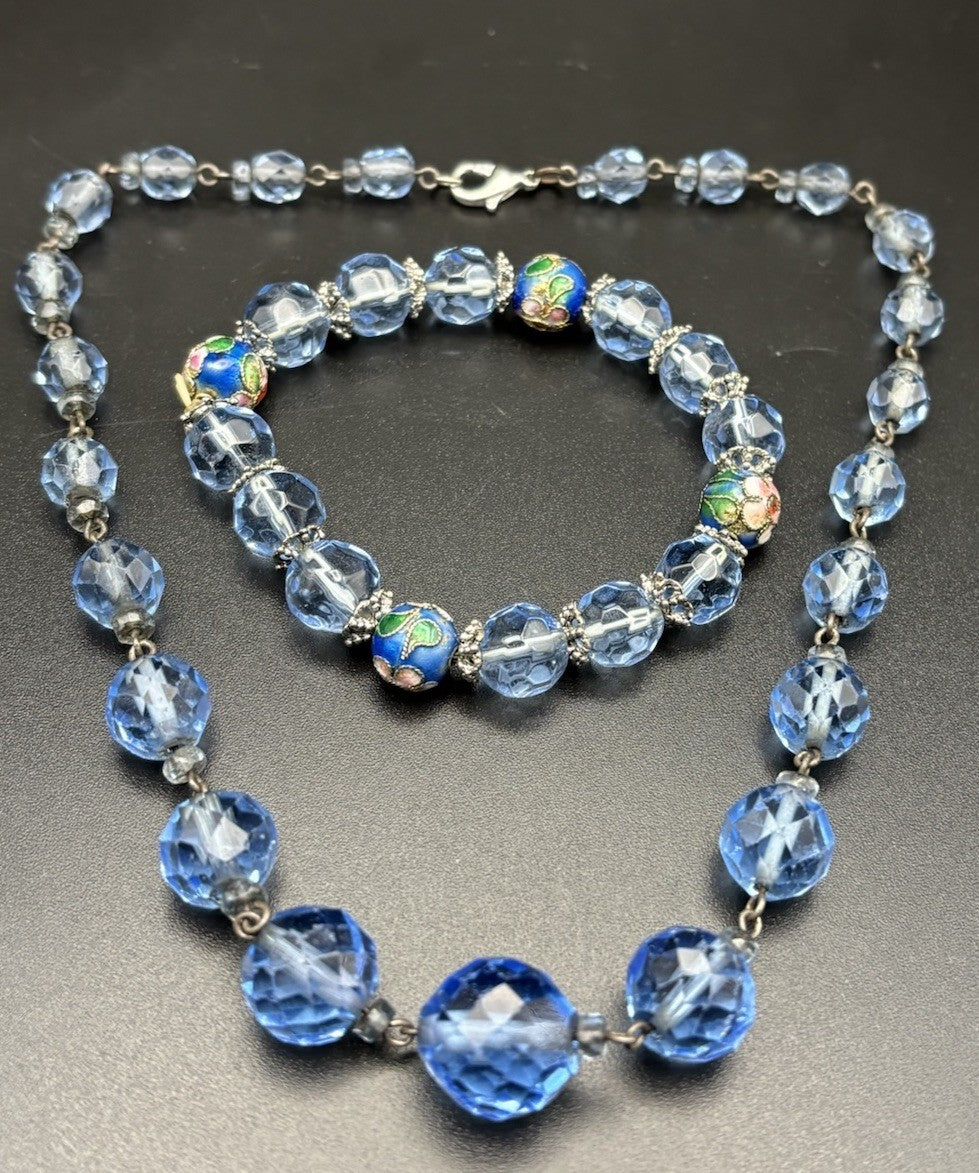 Vintage Blue Glass Bead Necklace Cloisonne Bracelet Set Faceted Czech Style