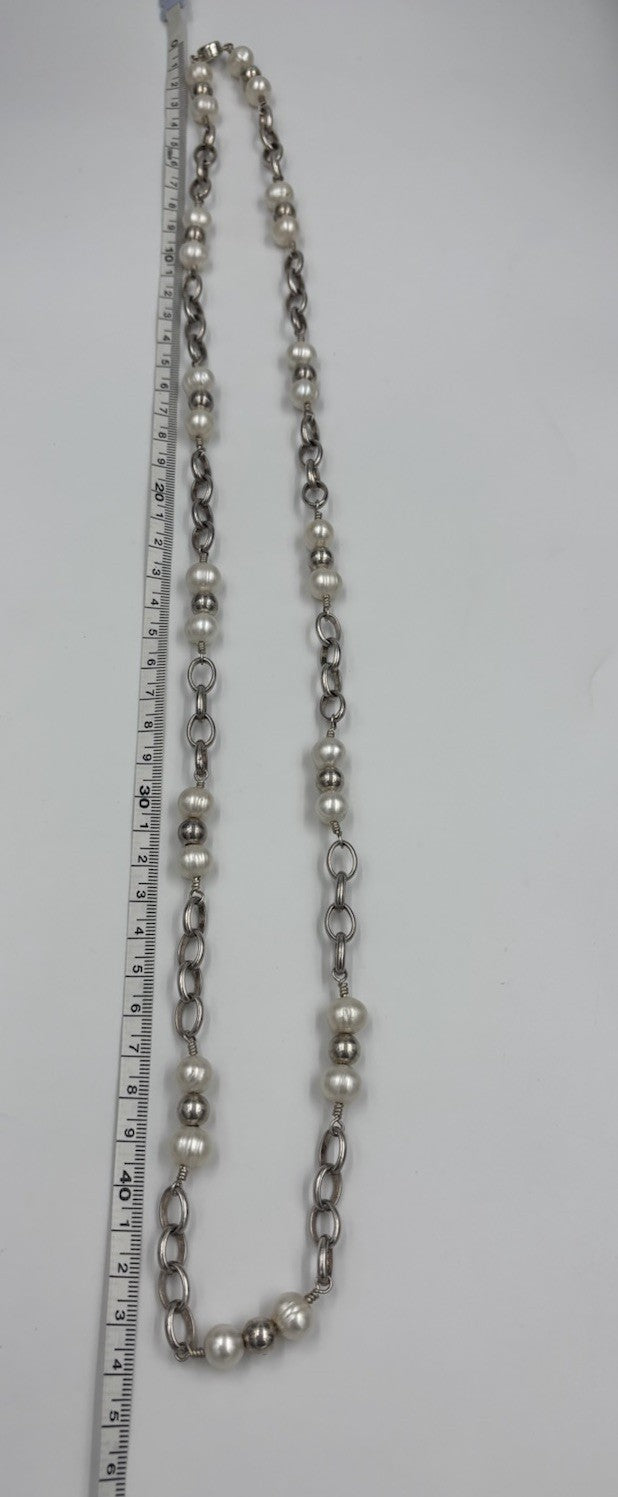 Vintage 925 Sterling Silver 10mm Freshwater Pearl Station Necklace 88cm