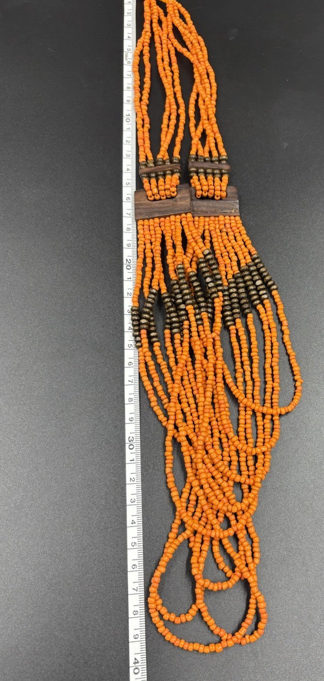 Vintage Tribal Orange Beaded Multi-Strand Necklace Wood Clasp Boho Ethnic