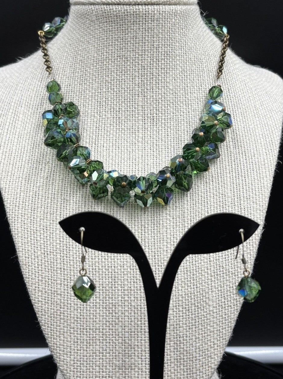 Vintage 1950s Aurora Borealis Green Crystal Bib Necklace & Earrings Set