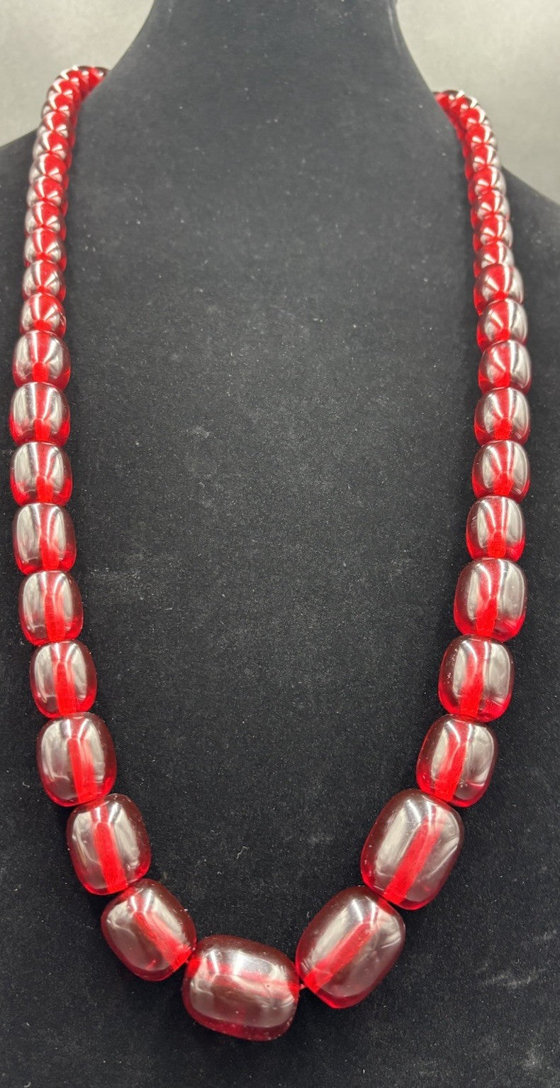 Vintage 1930s Cherry Amber Phenolic Necklace 132g Red Translucent Beads