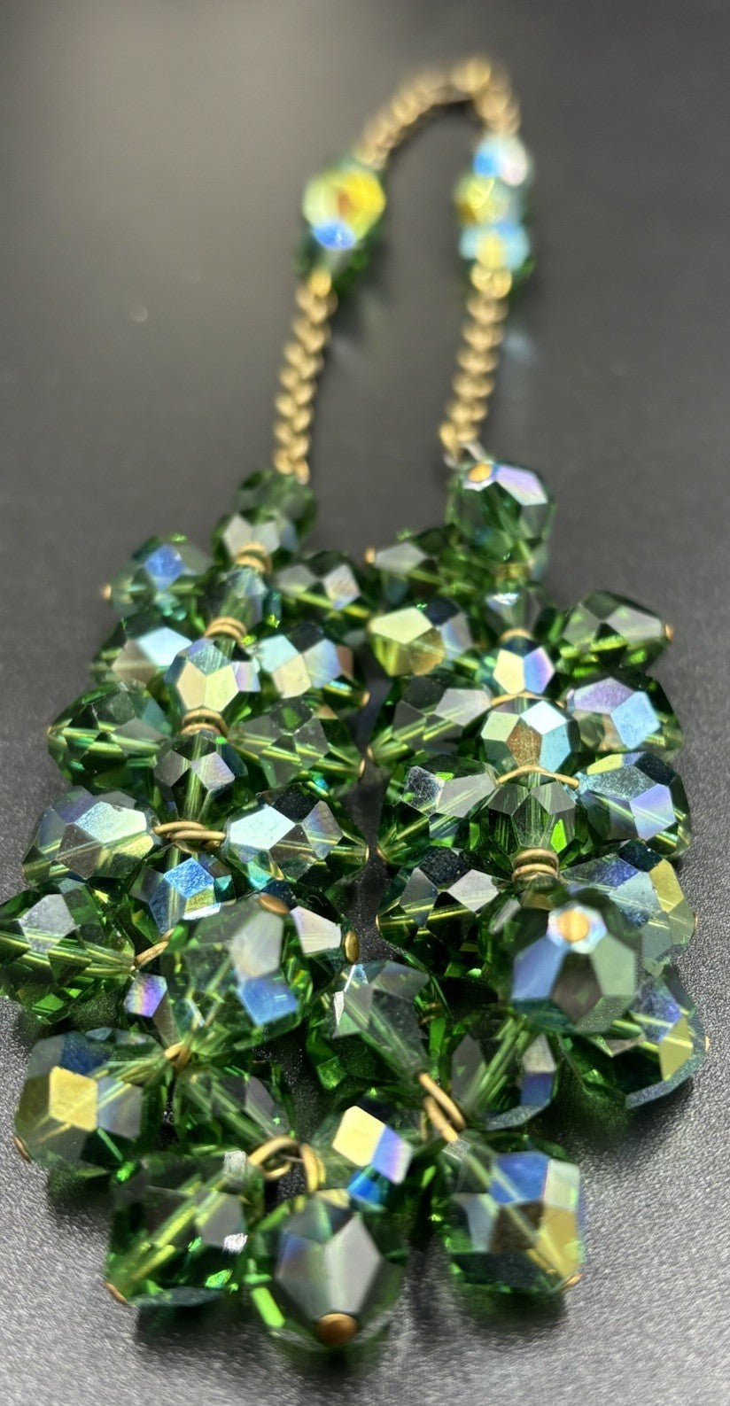Vintage 1950s Aurora Borealis Green Crystal Bib Necklace & Earrings Set