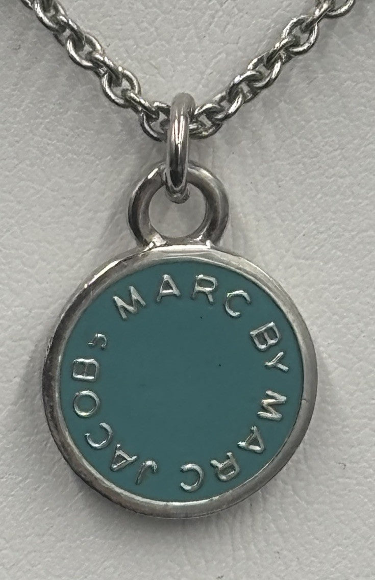 Marc Jacobs Round Logo Enamel Pendant Necklace Silver Tone
