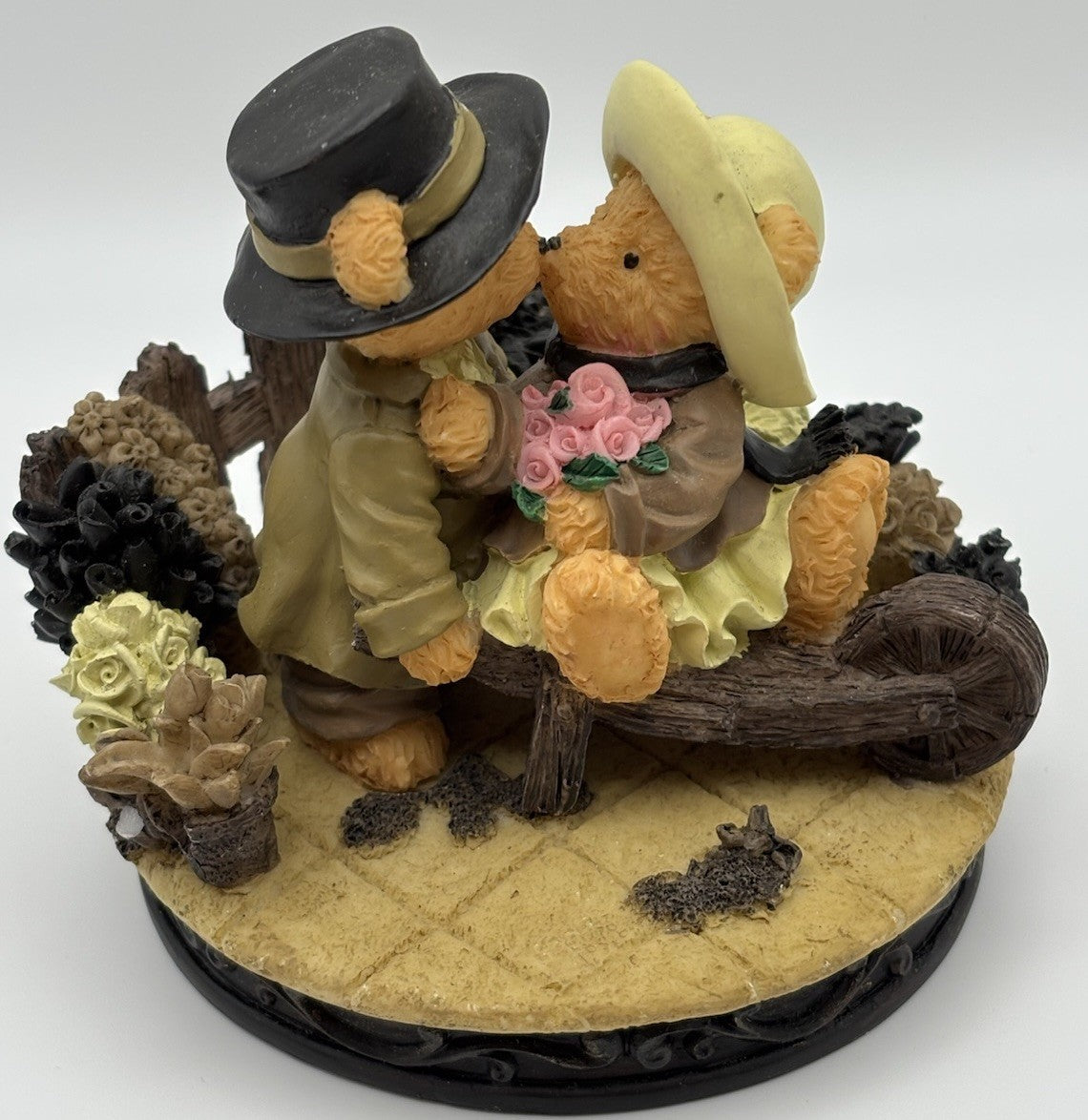 Vintage Avon Bear Figurine – Romantic Couple Kiss with Roses & Cart