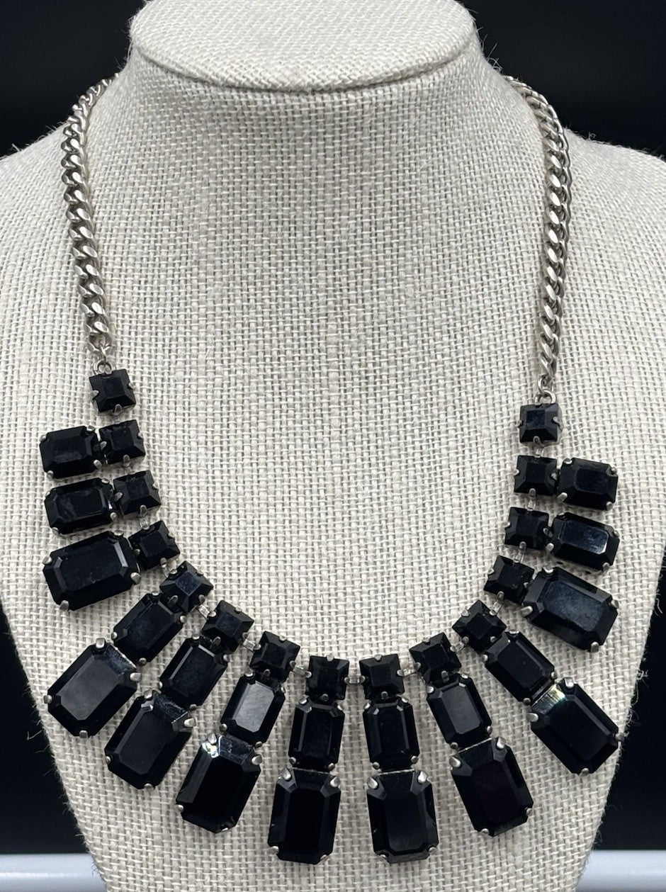 Vintage Peter Lang Statement Necklace Black Glass Crystal Art Deco Revival Glam