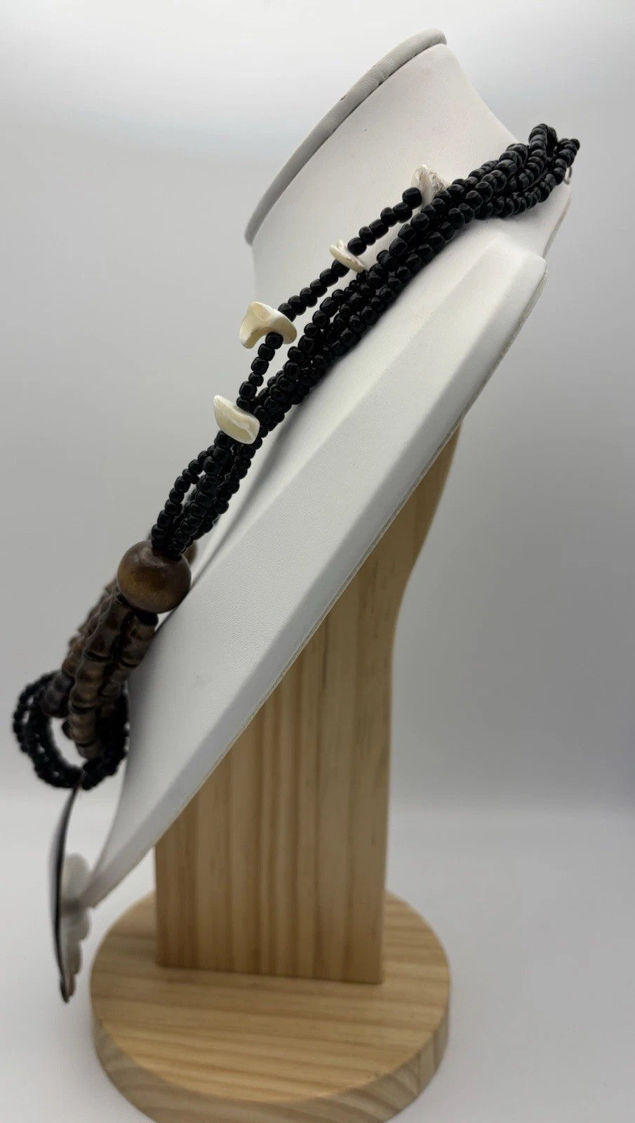 Tribal Shell Pendant Necklace Scalloped Beaded Wood Black White Boho Jewelry