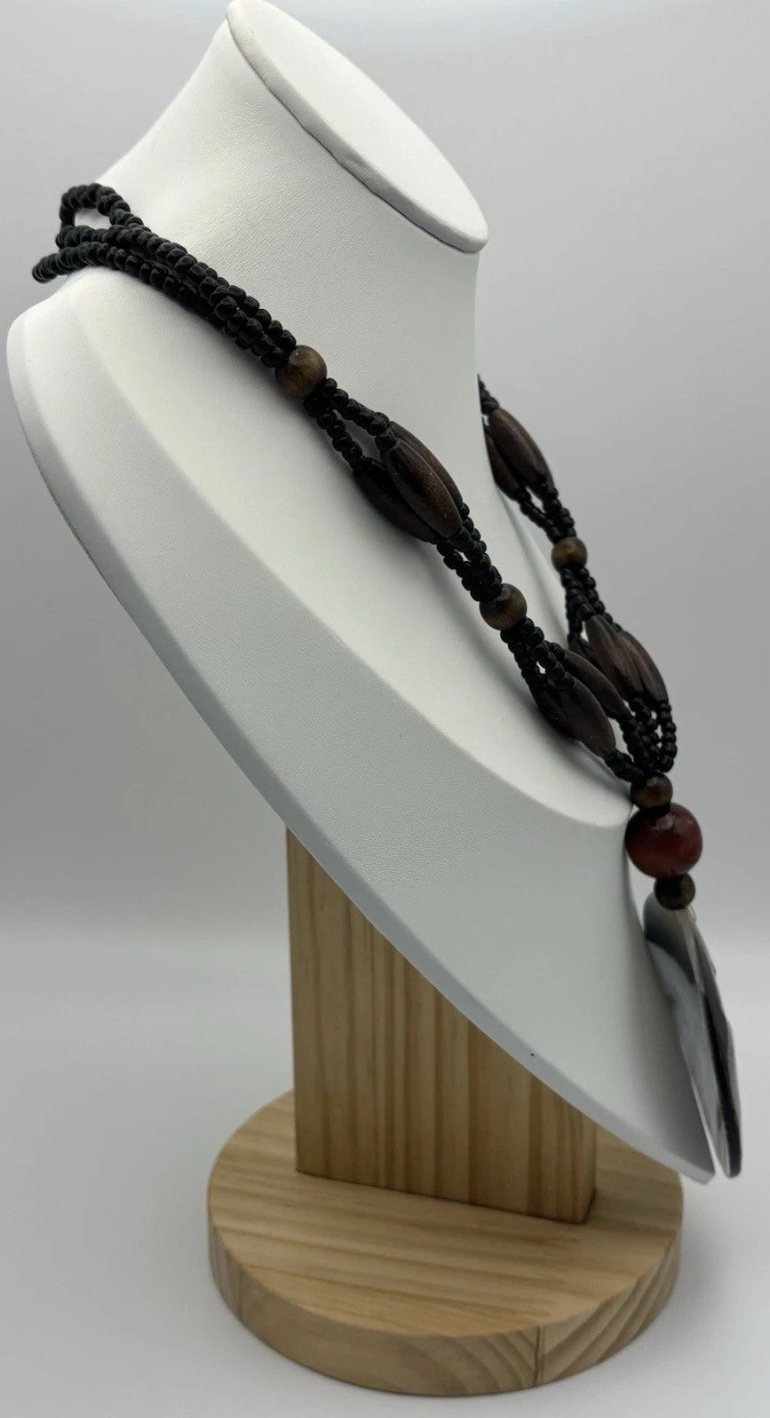Tribal Shell Pendant Necklace Carved X Design Beaded Wood Black Boho Jewelry