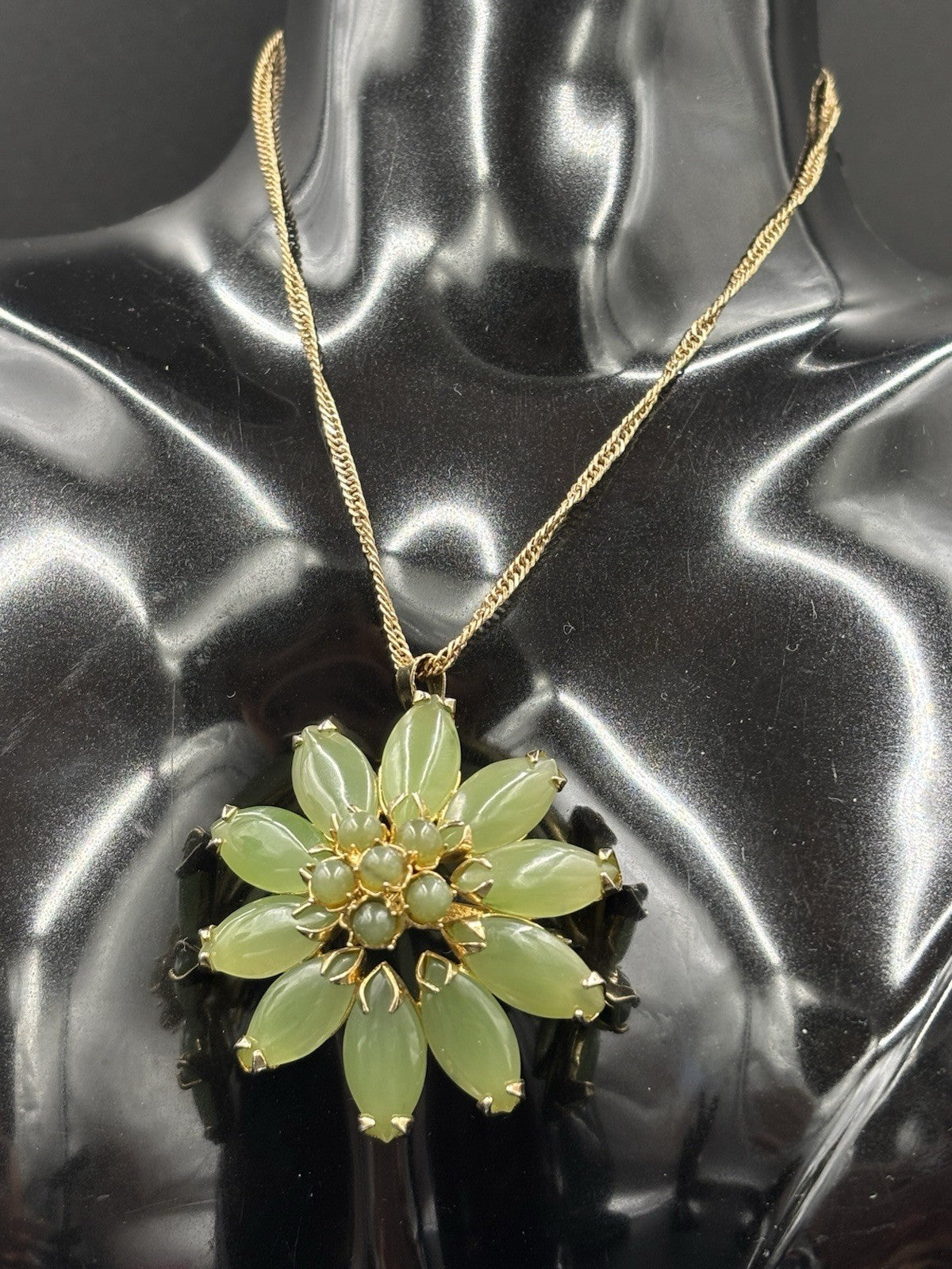 Vintage Jade Green Floral Brooch Gold Tone Statement Cluster Pin