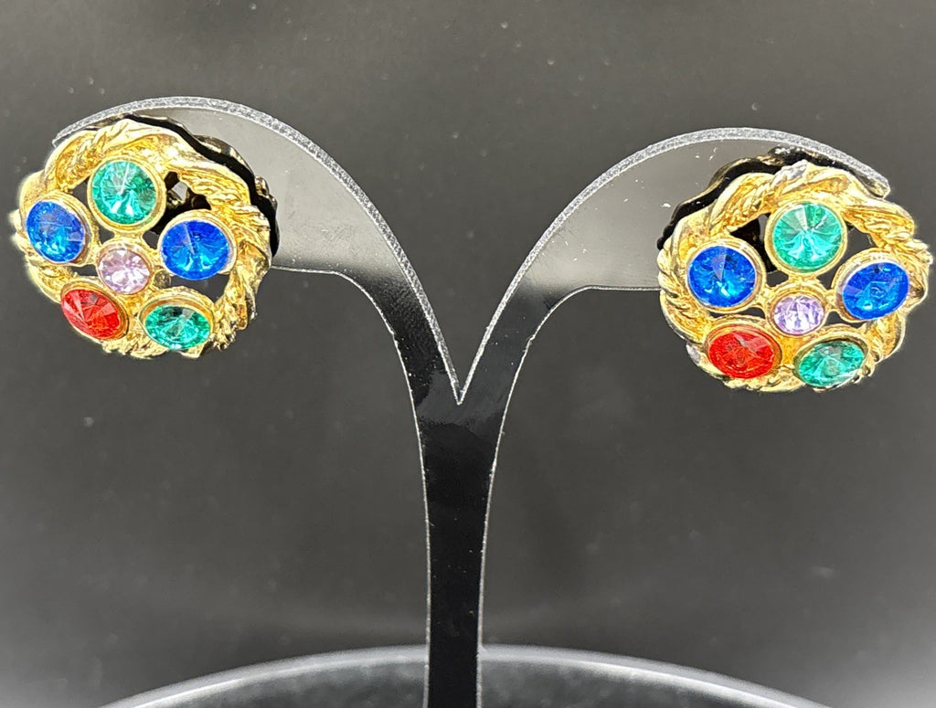 Vintage Mogul Style Pierced Earrings Gold Tone Colourful Glass Rhinestone