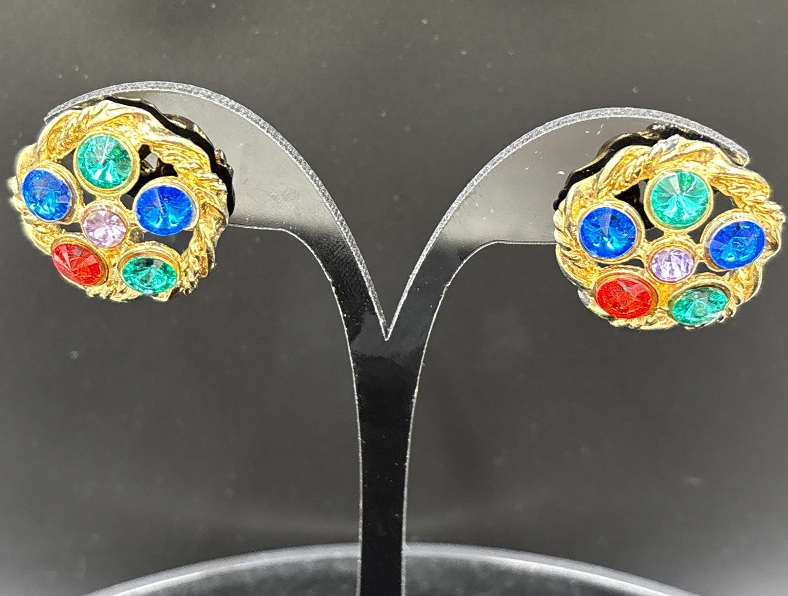 Vintage Mogul Style Pierced Earrings Gold Tone Colourful Glass Rhinestone