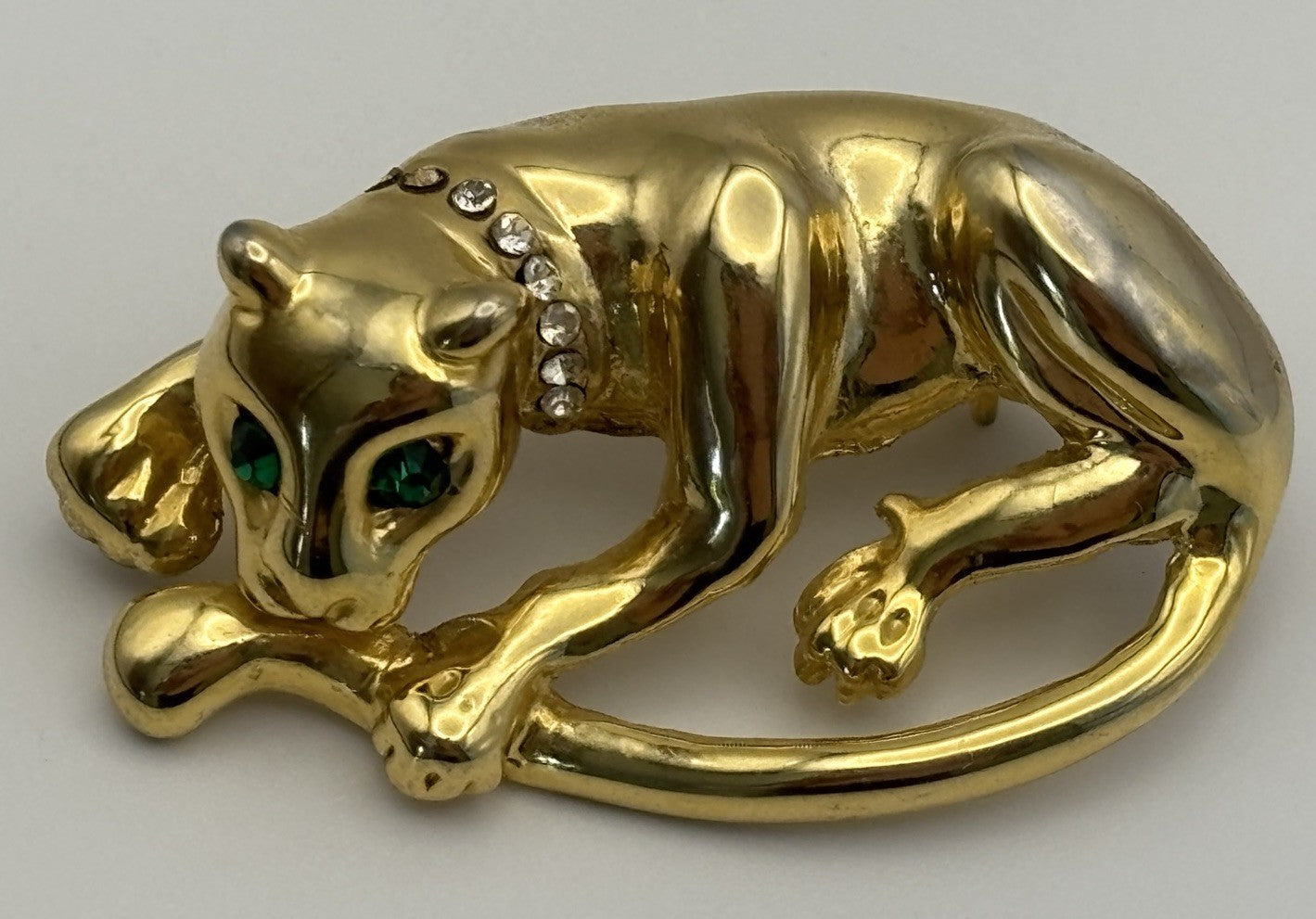 Vintage Panther Brooch Gold Tone Green Eyes Crystal Collar 1980s