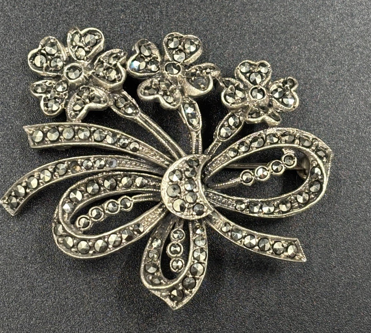 Vintage 835 Silver Marcasite Floral & Bow Brooch Marked