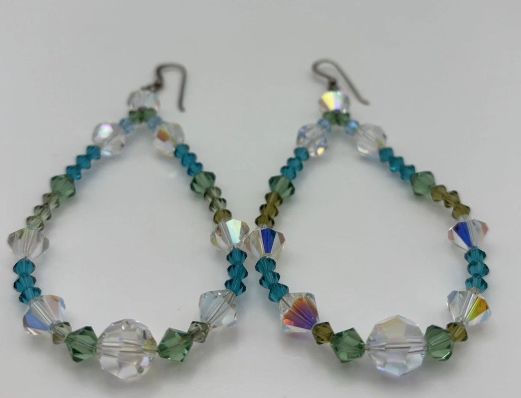 Vintage Sterling Silver Blue Green AB Crystal Dangle Earrings Austrian Crystal