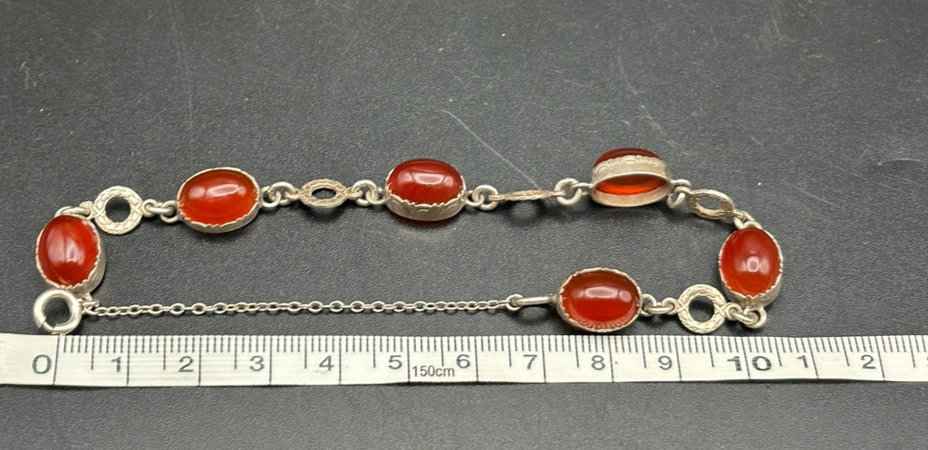 Vintage Sterling Silver Red Carnelian Cabochon Bracelet Link Safety Chain