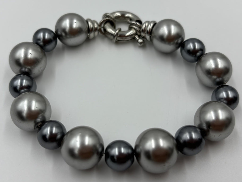 Vintage Silver Grey Faux Pearl Long Necklace Bracelet Set Statement