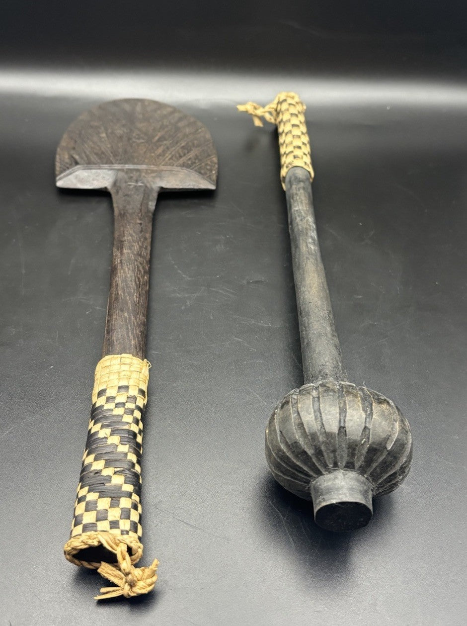 Vintage Hand Carved Wooden Oceanic Utensil Set Spoon Masher Woven Handle