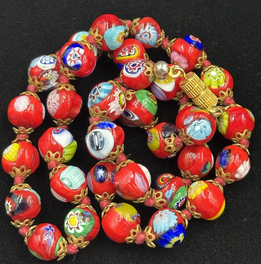 Vintage Murano Millefiori Glass Necklace Red Beads Venetian 1950s Italy