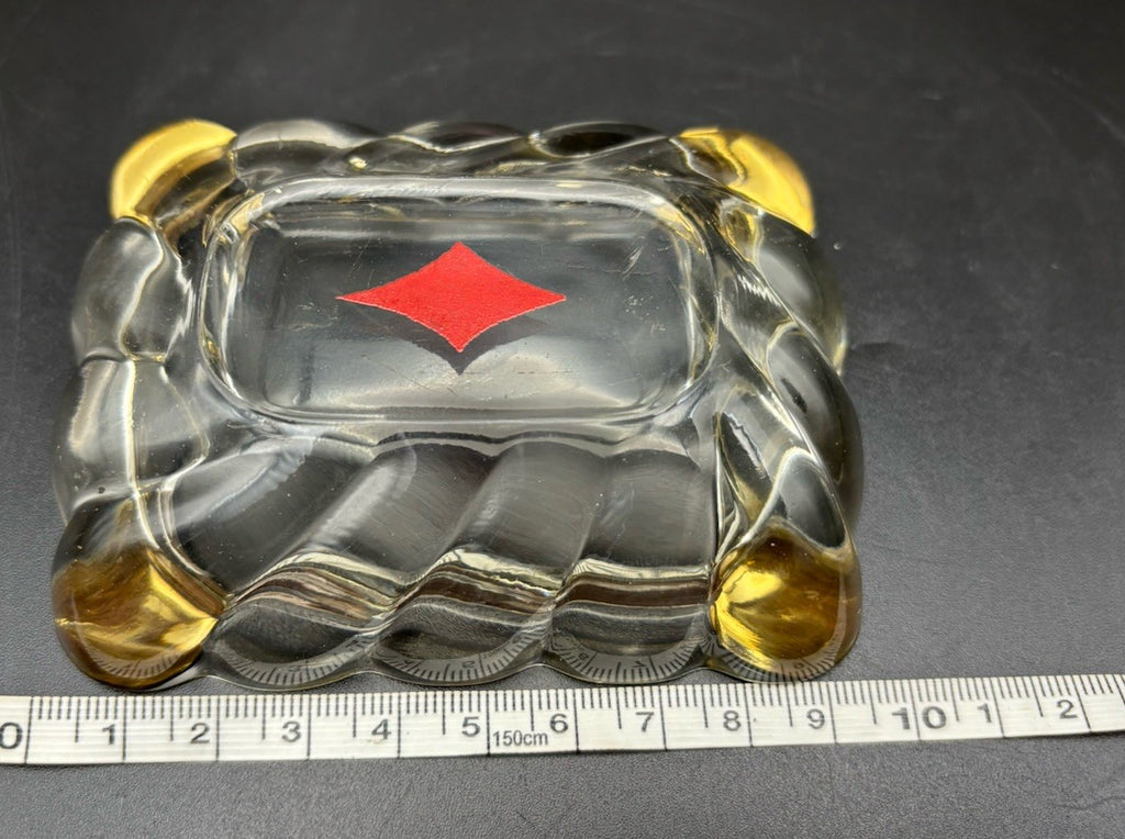 Mid Century Glass Ashtray Gold Tone Corners Red Diamond Trinket Dish