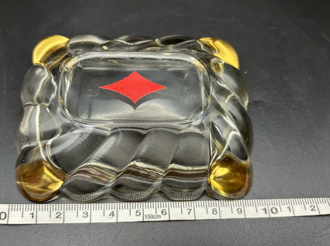 Mid Century Glass Ashtray Gold Tone Corners Red Diamond Trinket Dish
