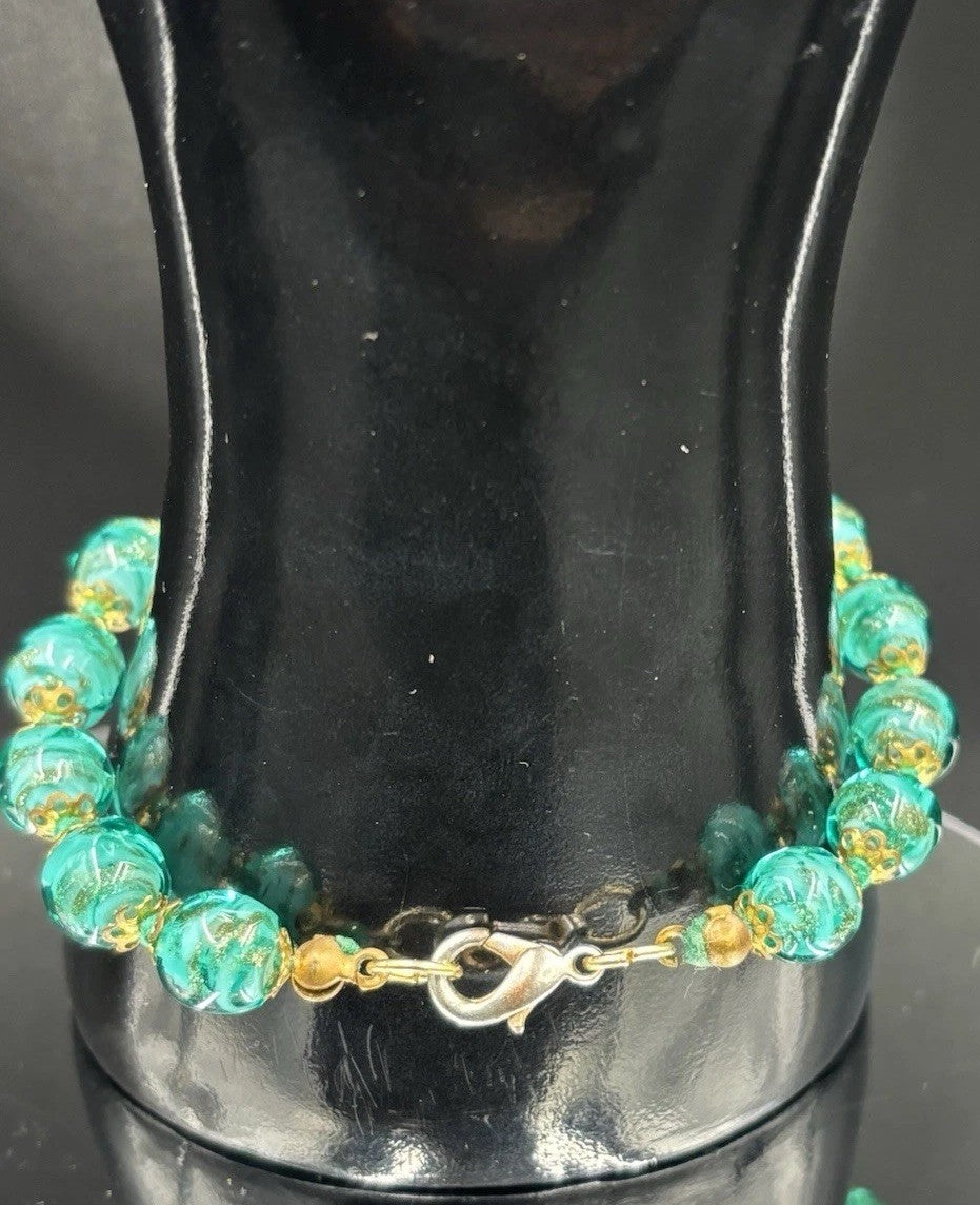 Murano Glass Bracelet Green Gold Handmade Venice Italy