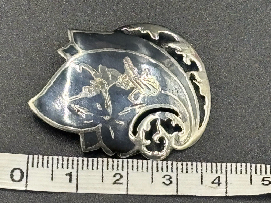 Antique Siam Sterling Silver Niello Thai Dancer Shield Brooch