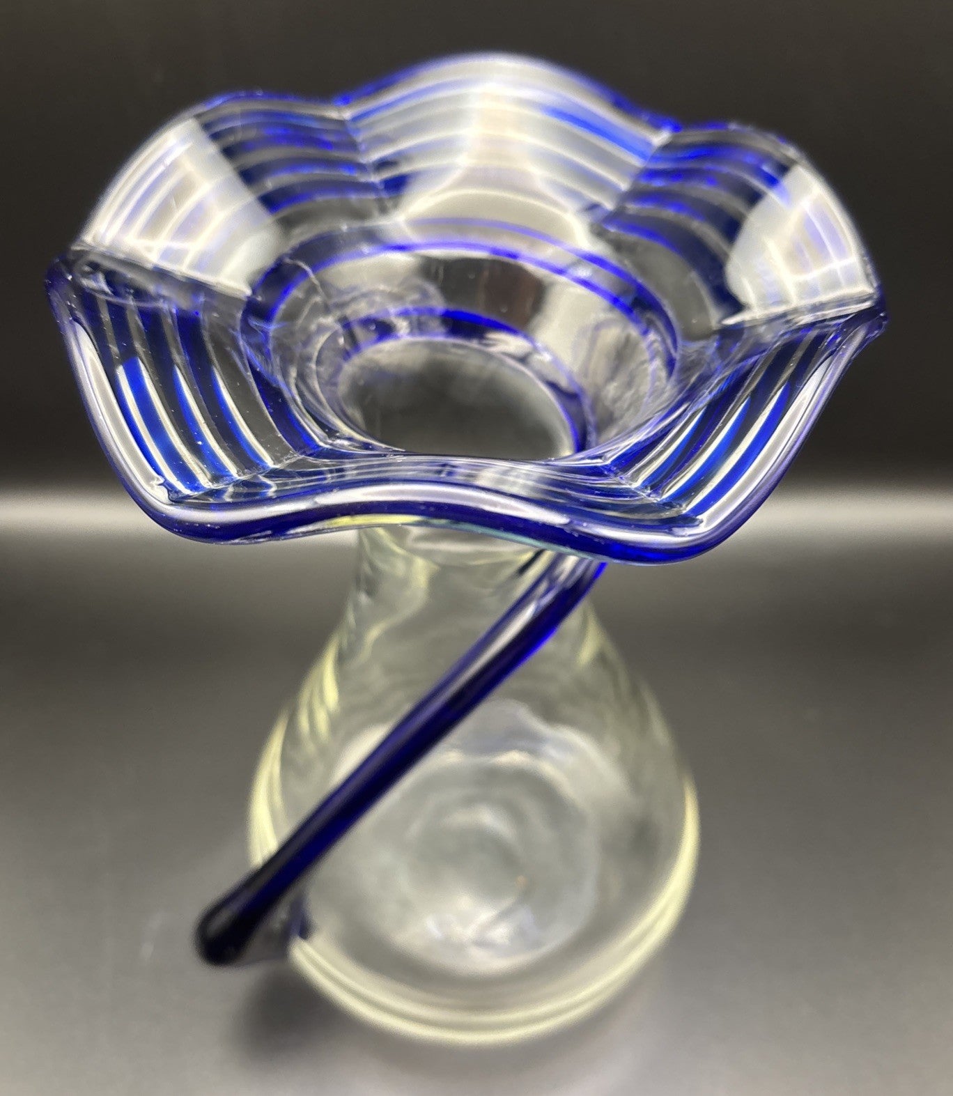 Vintage Cobalt Blue Art Glass Vase Hand Blown Spiral Applied Handle Murano Style