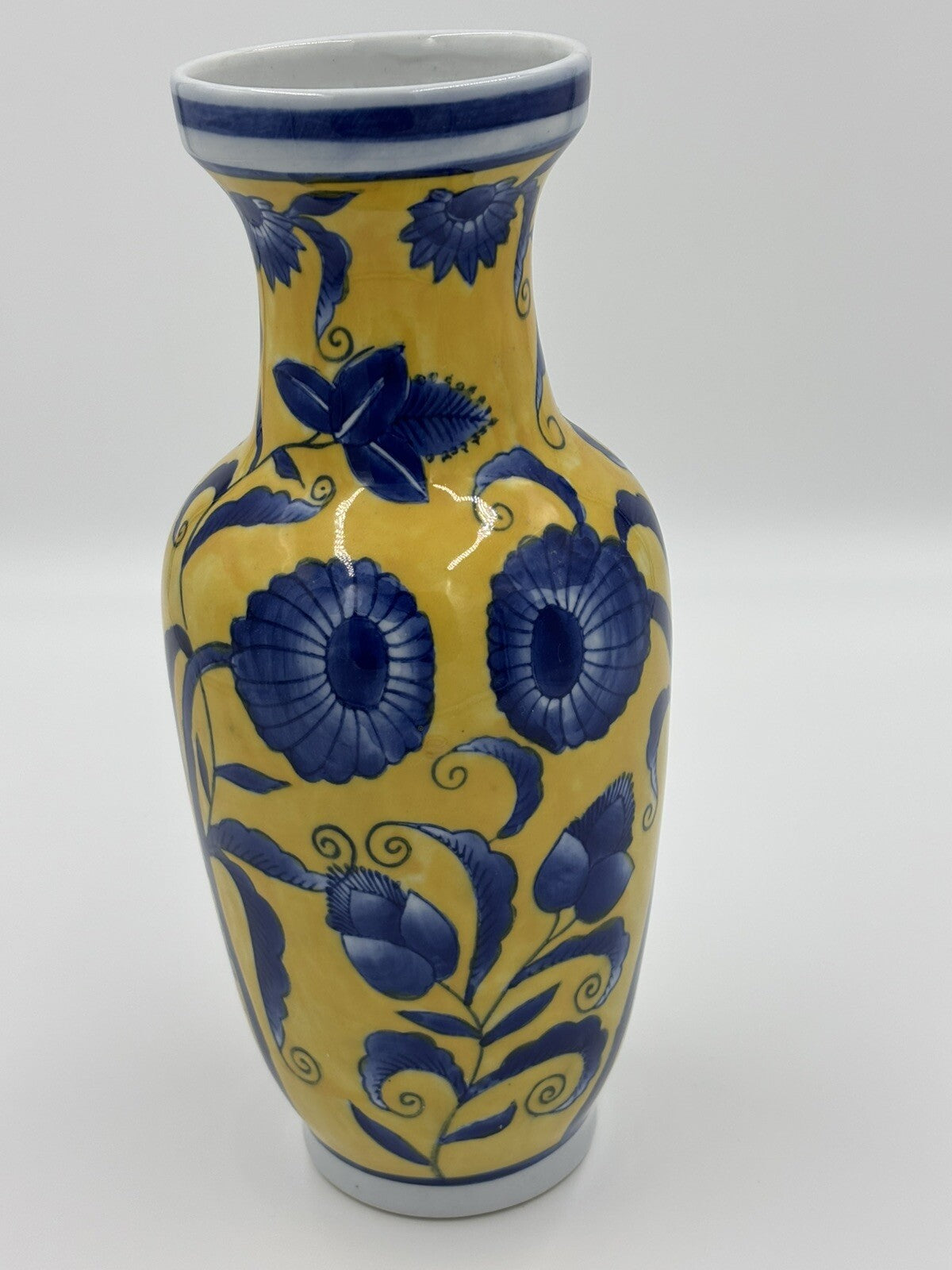 Vtg Chinese Porcelain Vase Yellow & Blue  Floral 20th Century Decorative Pottery