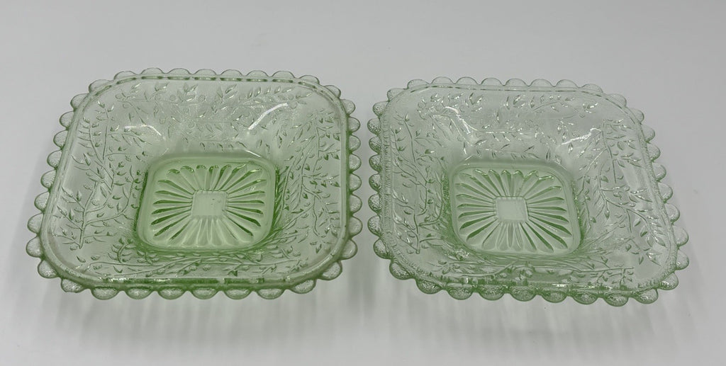 Vintage Uranium Glass Bowl UV Glow Dessert Plates Amber Depression Set