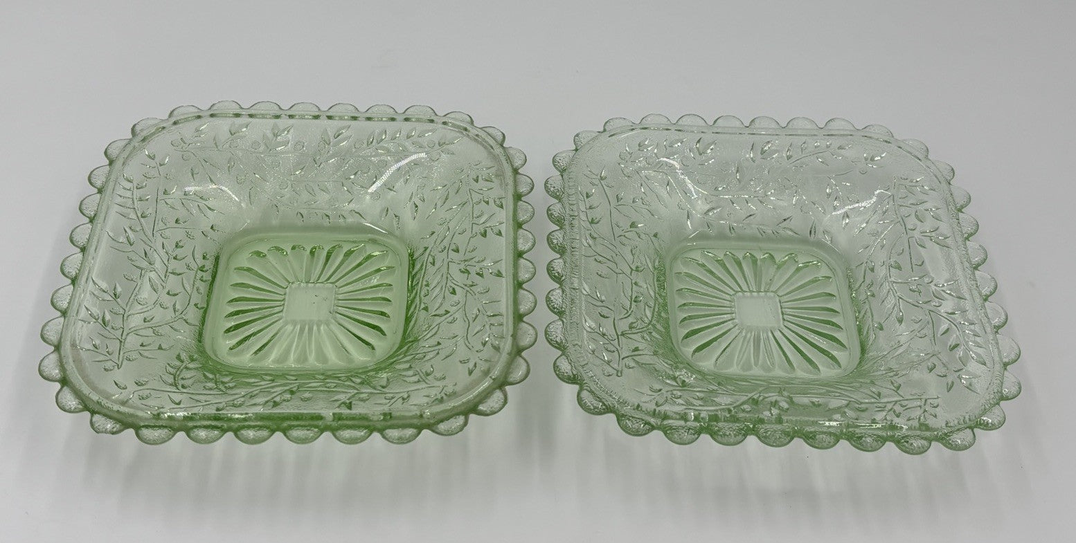 Vintage Uranium Glass Bowl UV Glow Dessert Plates Amber Depression Set