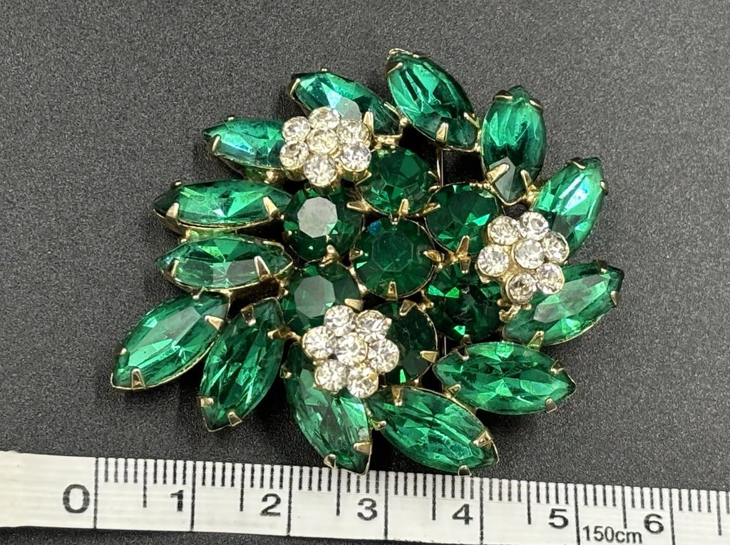 Vintage Weiss Green Rhinestone Brooch Signed Floral Cluster 1950s Jewelry