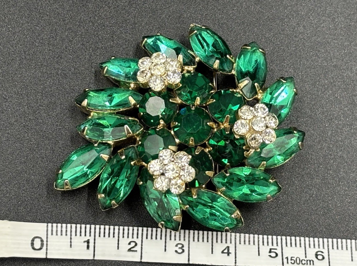 Vintage Weiss Green Rhinestone Brooch Signed Floral Cluster 1950s Jewelry