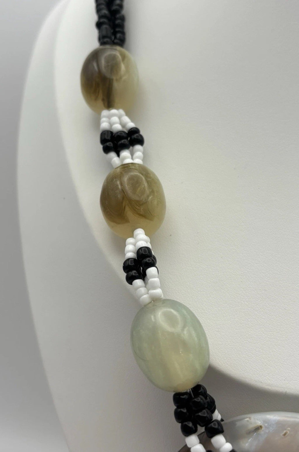 Vintage Shell Pendant Necklace Black White Beads Horn Style Tribal Jewelry