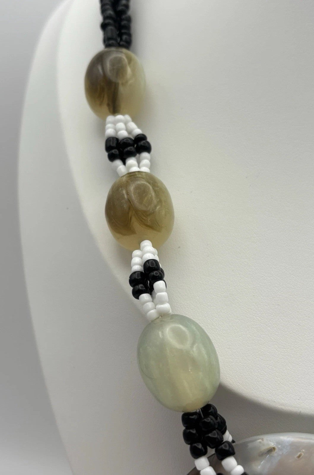 Vintage Shell Pendant Necklace Black White Beads Horn Style Tribal Jewelry