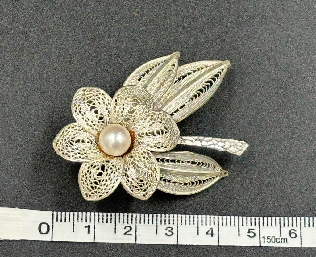 Vintage European Silver Filigree Flower Brooch Faux Pearl Centre