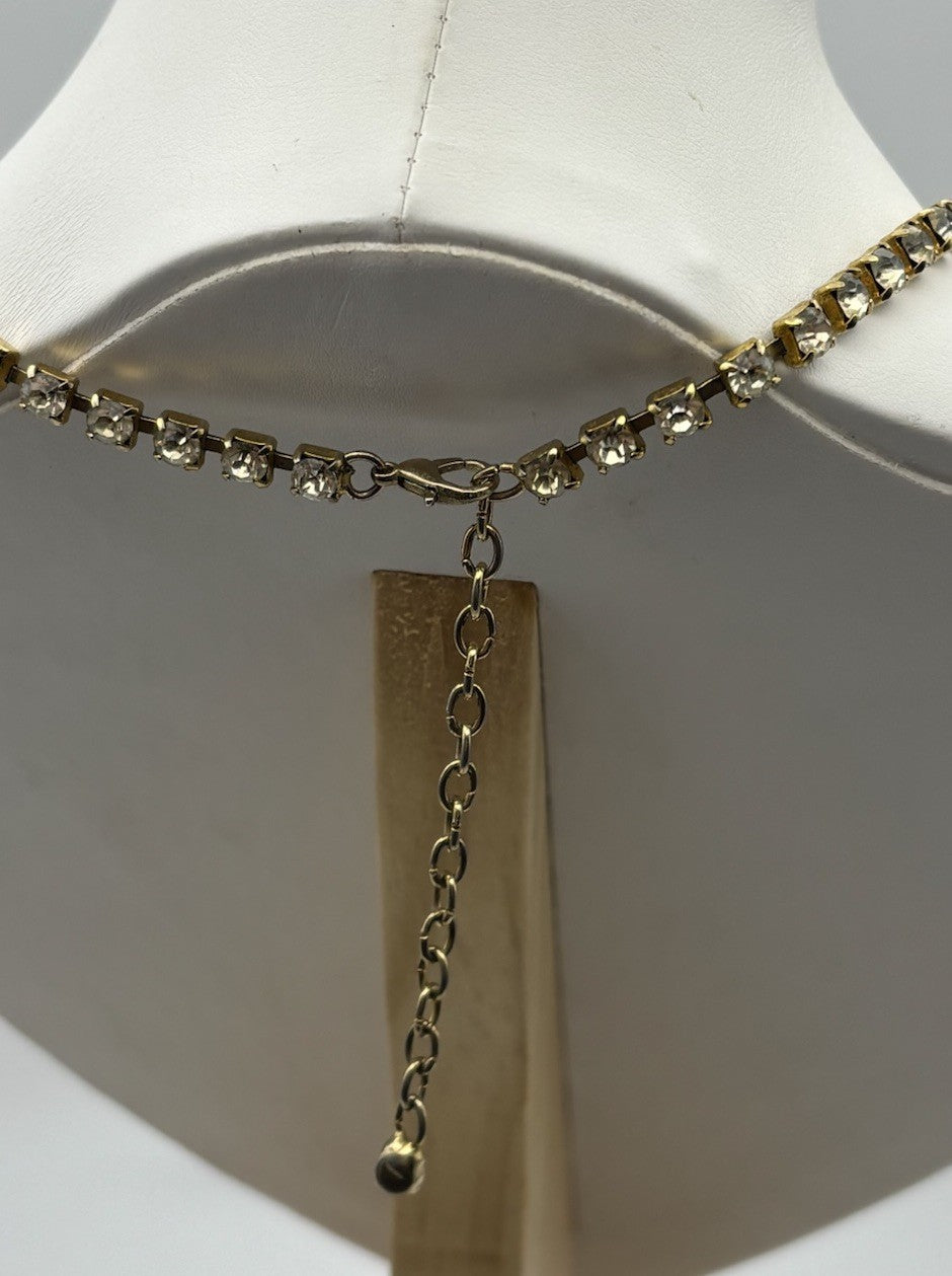 Vintage 1950s Aurora Borealis Rhinestone Choker Necklace Gold Tone Crystal Drops