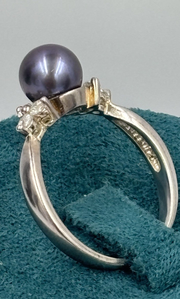 Sterling Silver Purple Grey Cultured Pearl Ring CZ Accent Stones Size 7