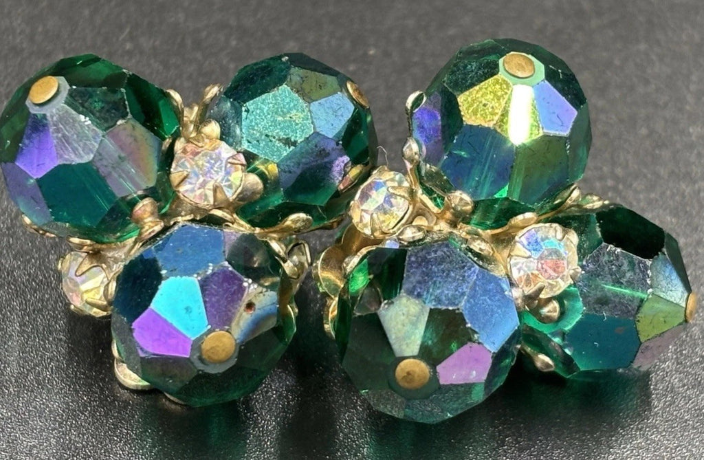 Vintage Vogue Karu Arke Emerald Green AB Crystal Cluster Clip-On Earrings Signed