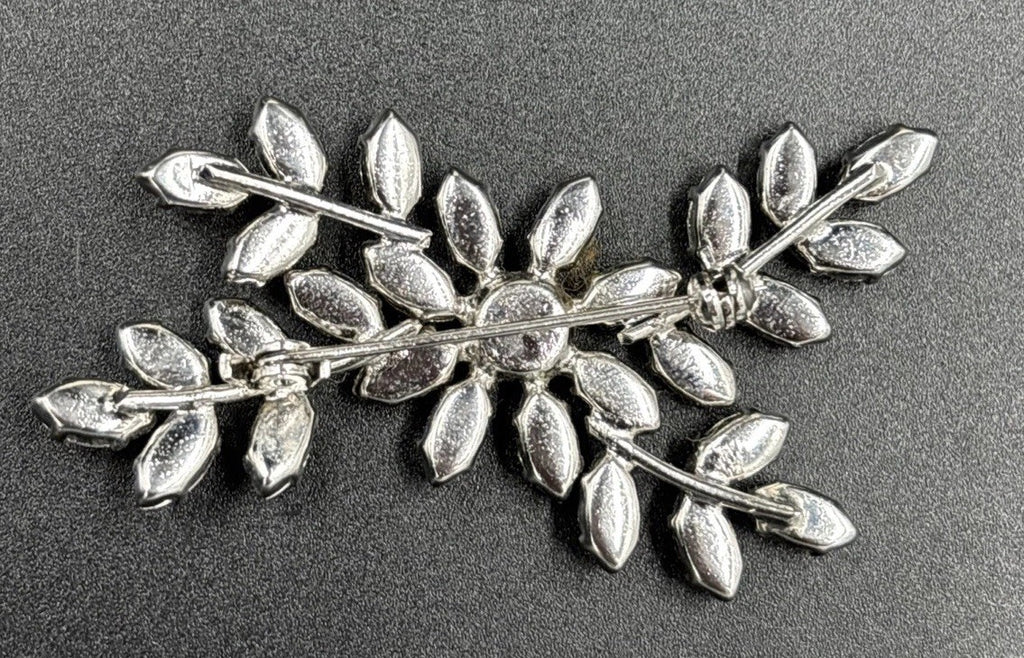 Vintage Silver Tone Floral Spray Brooch with Clear Rhinestones